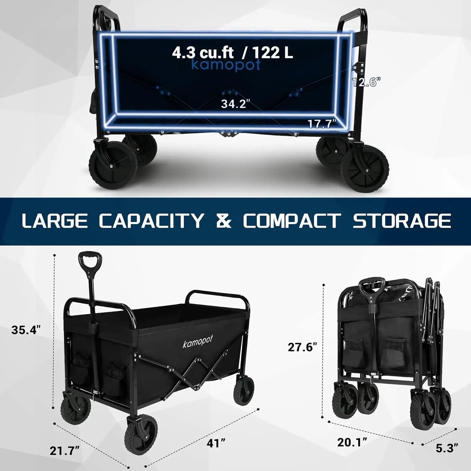 Large Collapsible Wagon Foldable for Grocery, Beach, Park, Yard, 34 x 18 Inch Inner Storage. Folding Utility Shopping Cart on Wheels. Heavy Duty, Durable w/Cupholders (Black) by GreenHaven Gardens