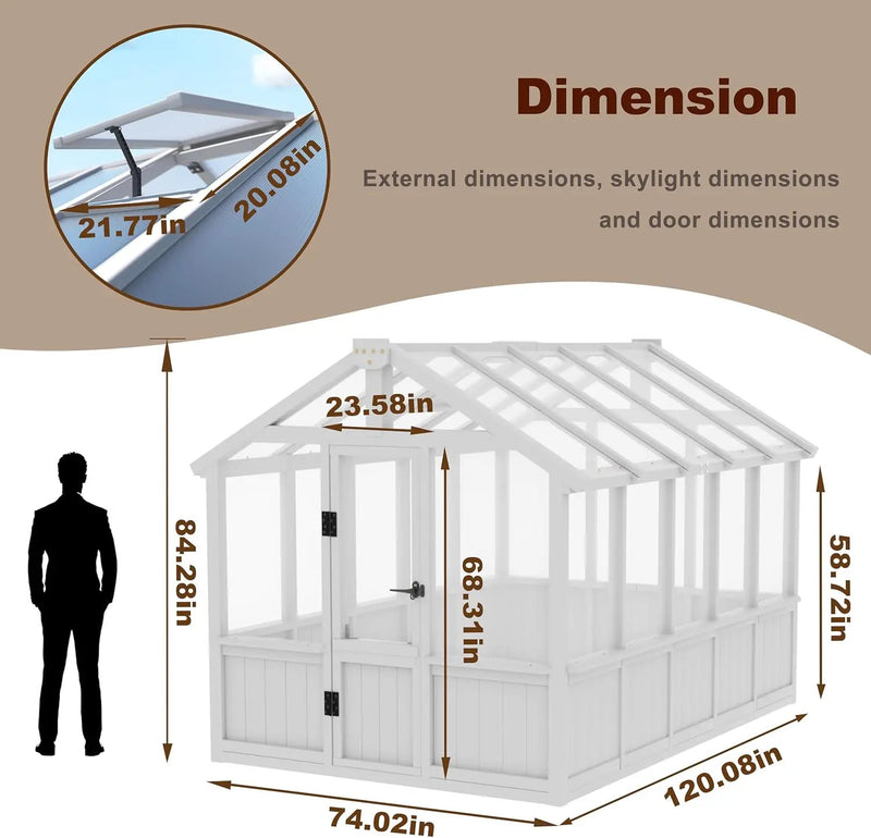 6x10 FT Green House for Outdoor, Thicken Polycarbonate Panel Wooden Walk-in Greenhouse Kit with Lockable Door and Adjustable Roof Vent, Backyard Garden, White by GreenHaven Gardens