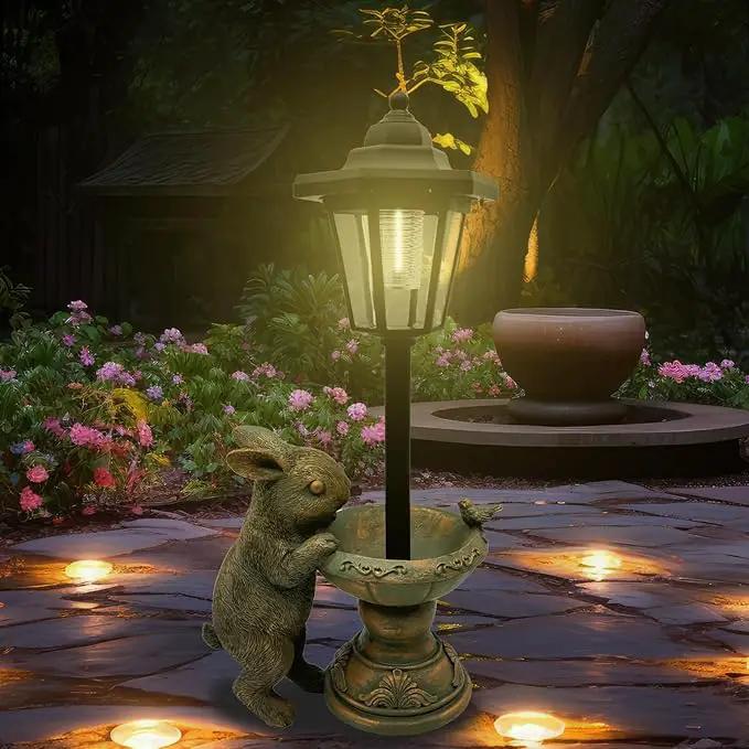 Rabbit Garden Statue with Solar Lantern - 15.8“ Outdoor Bunny Statue Bronze Resin Rabbit Figurines for Outside, Yard, Patio, Lawn Decor, Housewarming Gifts for Women, Mom by GreenHaven Gardens