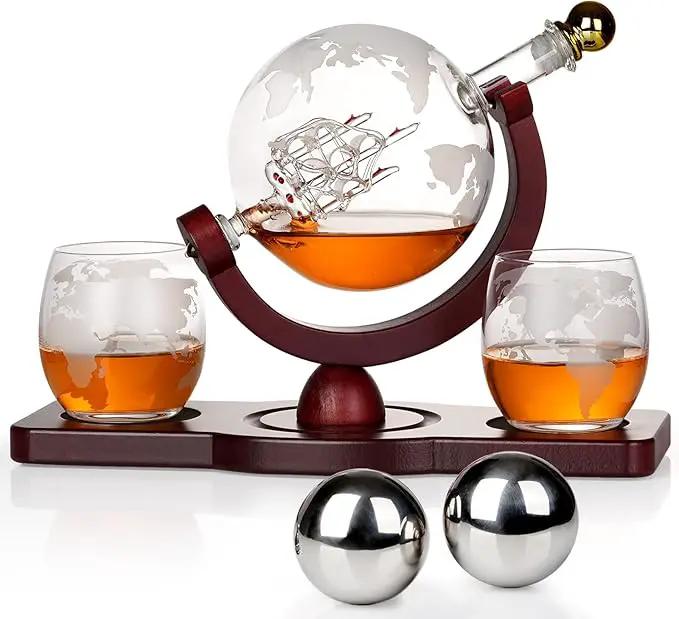 Gifts for Men Dad Fathers Day, PONPUR Whiskey Decanter Globe Set with 2 Ball Stones & 2 Glasses, Anniversary Birthday Gifts for Him Husband Boyfriend Brother, Cool Stuff Gift for Bourbon Scotch by GreenHaven Gardens