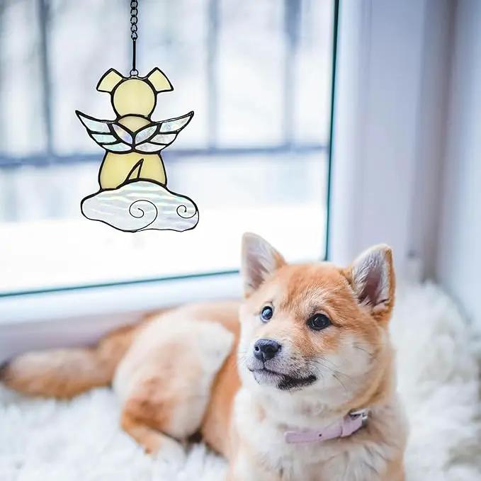 Stained Glass Angel Wings Dog Memorial Gifts for Loss of Dog Sympathy Gift Suncatcher, Rainbow Bridge Pet Passing Away Remembrance in Memory, Dog Bereavement Gifts for Loss of Pet,Yellow by GreenHaven Gardens