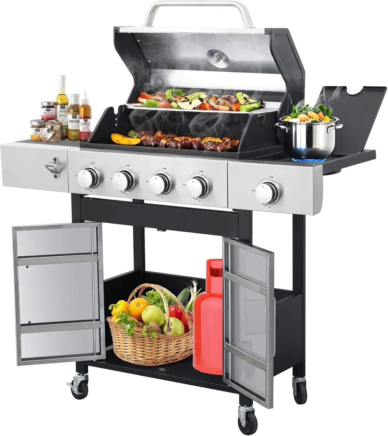 HYCHIKA 4-Burner Propane Grill with Sear & Side Burner, 46790 BTU Gas Grill with Griddle Pan & Enameled Cast Iron Grates, BBQ Grill with 439 Sq. In. Grilling Area for Outdoor, Patio, Backyard Babecue by GreenHaven Gardens