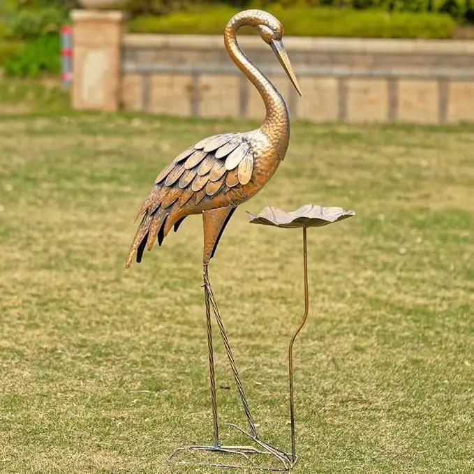 Large Heron Garden Statue, 42'' Crane Outdoor Statue with Birdbath, Crane Metal Yard Art for Porch Backyard Patio Lawn Decor (Golden) by GreenHaven Gardens