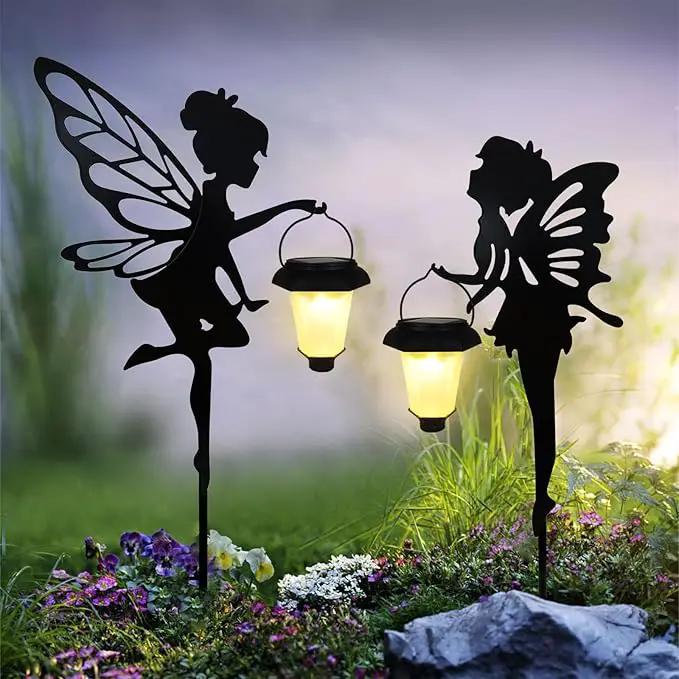 Solar Fairy Garden Stake Decorative Lantern, 2 Pack Metal Fairy Angel Garden Silhouette Lights for Lawn, Pathway, Patio, Yard Outdoor Decor by GreenHaven Gardens
