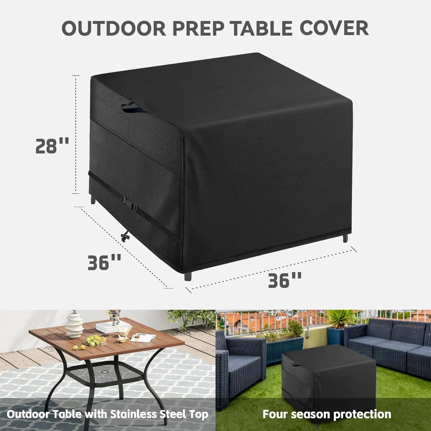 Outdoor Patio Square Table Cover 36 inch Black Heavy Duty Waterproof Cover for Square Slatted Tabletop by GreenHaven Gardens