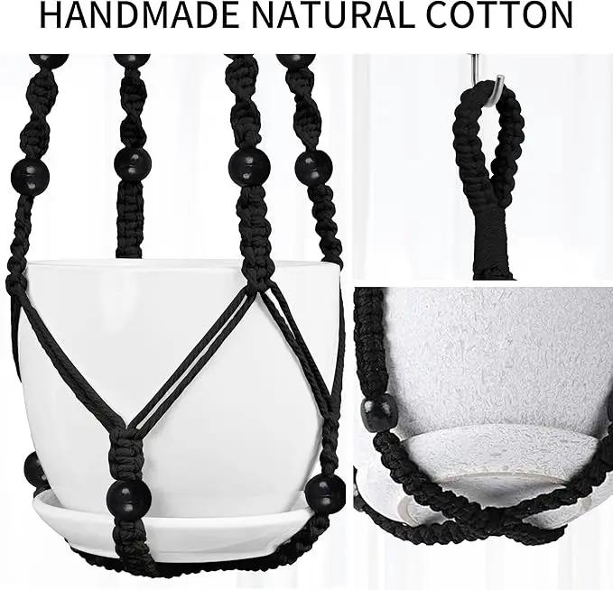 3 Pack Macrame Plant Hanger - 43"/35"/29" Different Sizes, Hanging Planter Basket Flower Pot Holder for Indoor Outdoor, with Wood Beads, Boho Home Decor, Black (POTS NOT Included) by GreenHaven Gardens