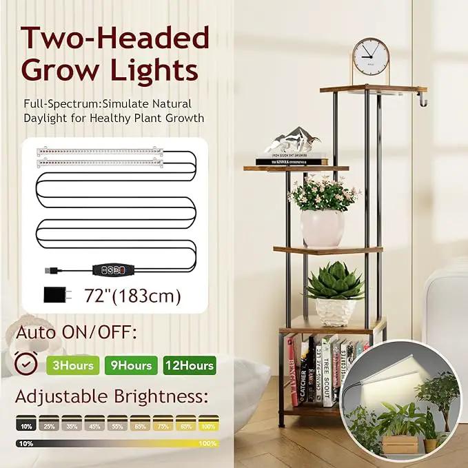 Plant Stand Indoor with Grow Light, 5-Tiered Tall Plant Stand Indoor, Metal Plant Shelf with Hanging Basket Hook and Adjustable Light, Ideal for Living Room, Garden, Patio (Black Brown) by GreenHaven Gardens