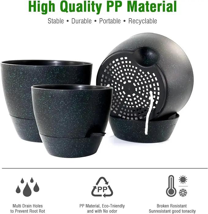10/9/8 inch Self Watering Pots, Set of 3 Plastic Planters with Mesh Drainage Holes and Deep Reservoir for Indoor Outdoor Garden Plants and Flowers, Black with Green Speckles by GreenHaven Gardens