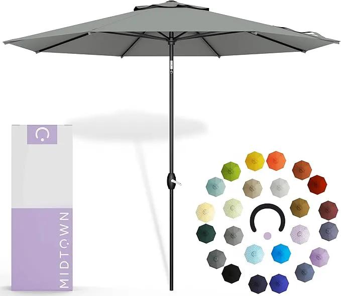 Midtown Umbrellas 10-Year-No-Fade - 9 Ft - UV Proof Matter Grey Polyester Fabric - Umbrella Outdoor Patio, Auto-Tilt Aluminum Frame Patio Umbrella for Garden, Pool & Deck - Black Pole by GreenHaven Gardens