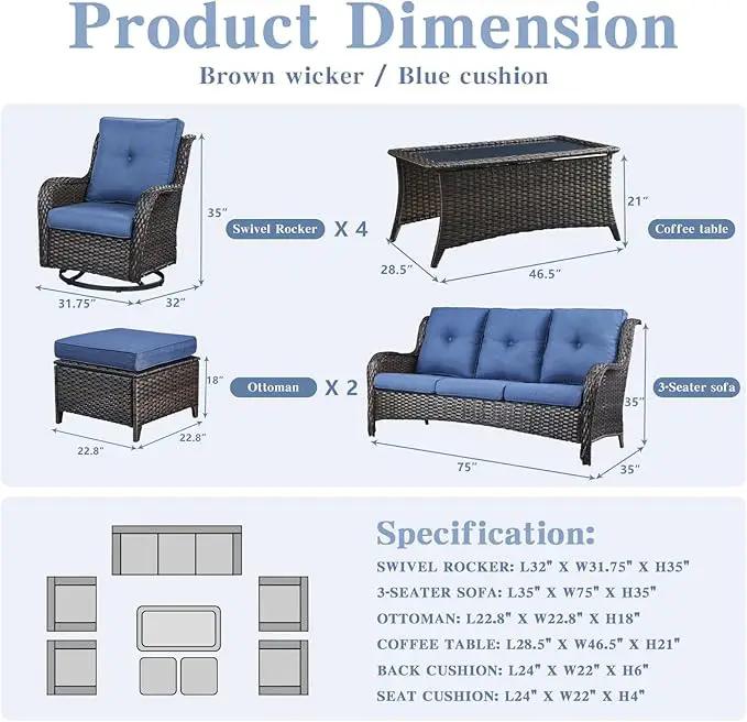 Wicker Patio Furniture Sets - 8 Piece Outdoor Rattan Furniture Conversation Sets with 4 Swivel Rocker Chairs, Rattan Sofa, Wicker Ottomans and Coffee Table, Brown/Blue by GreenHaven Gardens