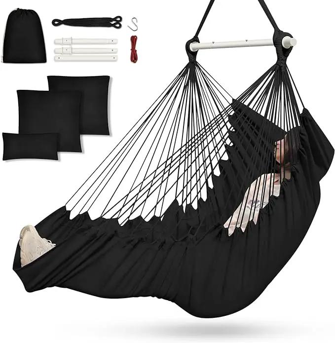 Outerman Hammock Chair, Hanging Chair with 3 Cushions and Foot Rest Support, Sturdy Metal Spreader Bar Max 500Lbs, Swing Chair for Bedroom, Indoor & Outdoor, Patio, Porch or Tree（Black）… by GreenHaven Gardens