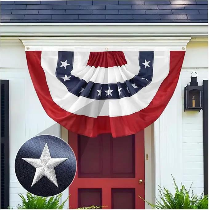 2x4 Ft American Pleated Fan Flag USA Bunting 4th of July Flags Decor Outside Porch Garden Banner Embroidered Patriotic Stars & Sewn Stripes Canvas Header Brass Grommets by GreenHaven Gardens