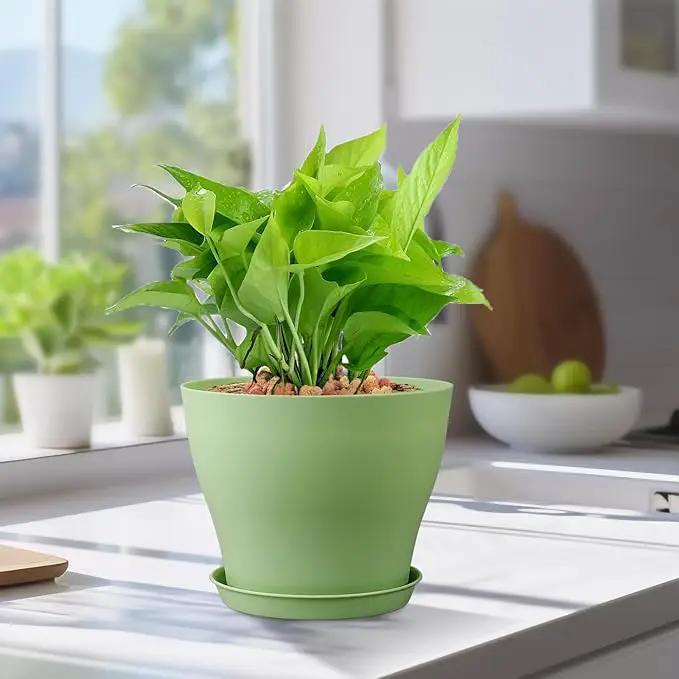 6 inch Plastic Nursery Pots, Seedling Pots, 16 Pack Plant Pots for Small Indoor Outdoor Plants, Flower Pots with Drainage Holes and Saucers, Decorative Planters for House Plants, Green by GreenHaven Gardens