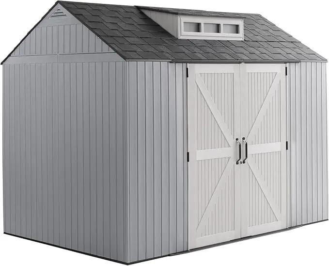 Rubbermaid Extra Large Resin Outdoor Storage Shed With Floor (7 x 10 Ft.), Weather Resistant, Brown, Organization for Home/Lawn Mower/Backyard Equipment/Bike Storage/Pool Supplies by GreenHaven Gardens