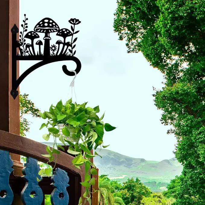 peacoblue Iron Plant Hangers Hook for Outdoor Indoor Hanging Plant Flower Fern Pot Lantern Bird Feeder,12"x15" Weather Resistant Metal Wall Holder for Porch Garden Farmhouse(Mushroom and Wildflower) by GreenHaven Gardens