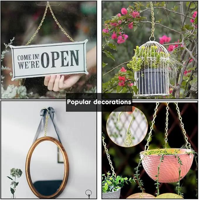 197 Inch Gold Hanging Baskets - Adjustable Length, Brass Decorative Metal Chain with A Great Assortment of Hooks for Hanging Bird Feeders Planters Baskets Billboards Ornaments, Chain Hooks DIY by GreenHaven Gardens