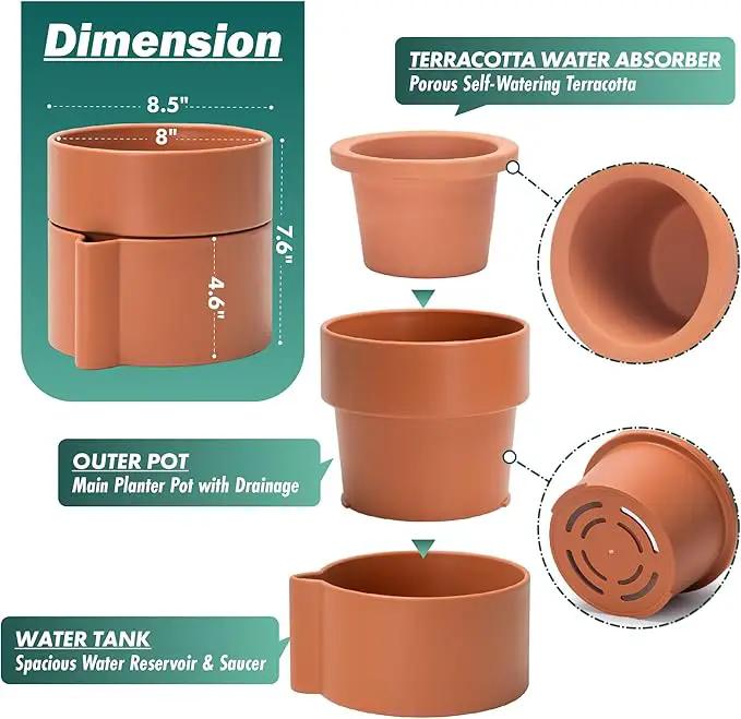 8 Inch Self-Watering Planter Pot with Terracotta Insert, Deep Water Reservoir, and Ceramic-Alike BPA-Free Plastic Planter Pot for Plant, Modern Planter for Houseplants, Terracotta, 53-A-T-3 by GreenHaven Gardens