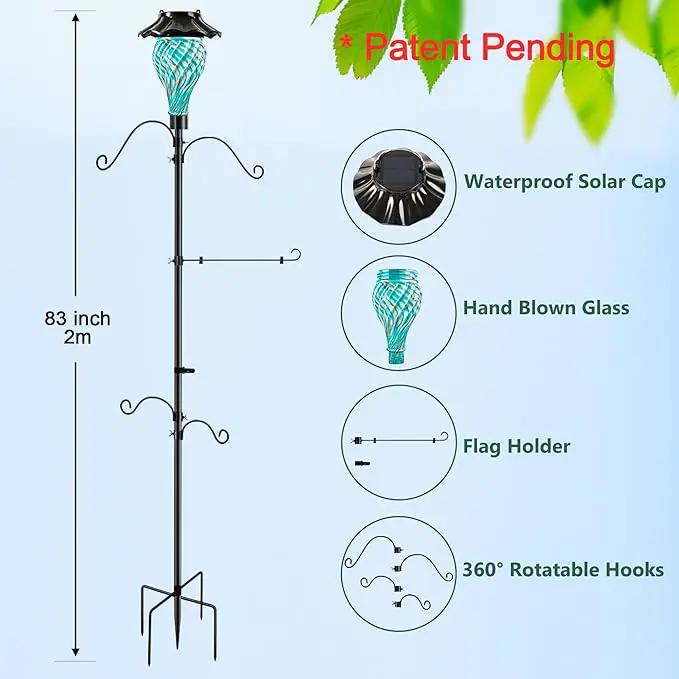 Solar Shepherds Hooks with Hand Blown Glass Lamp, Decorative RGB Lights, 4 Hooks & 1 Flag Holder, Heavy Duty Pole for Hanging Hummingbird Feeder, Bird Feeder, Wind Chime, Plant, Lantern (Teal) by GreenHaven Gardens