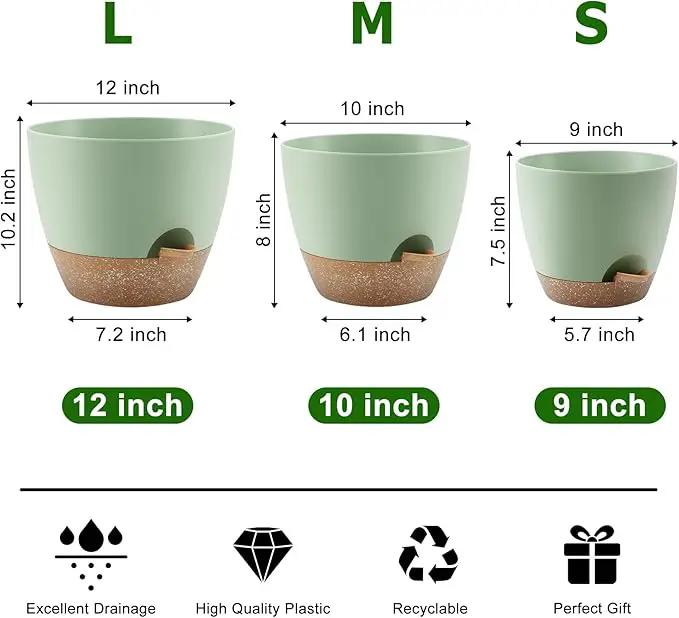 Plant Pots 12/10/9 Inch Self Watering Pots, Set of 3 Plastic Planters with Drainage Holes and Saucers,Plastic Flower Pots,Nursery Planting Pot for Indoor Out Door Plants(Green) by GreenHaven Gardens
