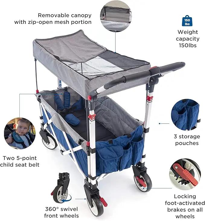 Creative Outdoor Push Pull Stroller Wagon for Kids,150lbs Weight Capacity, Collapsible Folding Cart with Canopy, Silver Series Plus, Beach, Park, Garden & Tailgate (Blue/Gray) by GreenHaven Gardens
