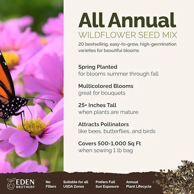 Eden Brothers All Annual Wildflower Mixed Seeds for Planting, 1 lb, 480,000+ Seeds with Sunflower, Indian Blanket, Scarlet Flax | Attracts Pollinators, Plant in Spring, Zones 3, 4, 5, 6, 7, 8, 9, 10 by GreenHaven Gardens