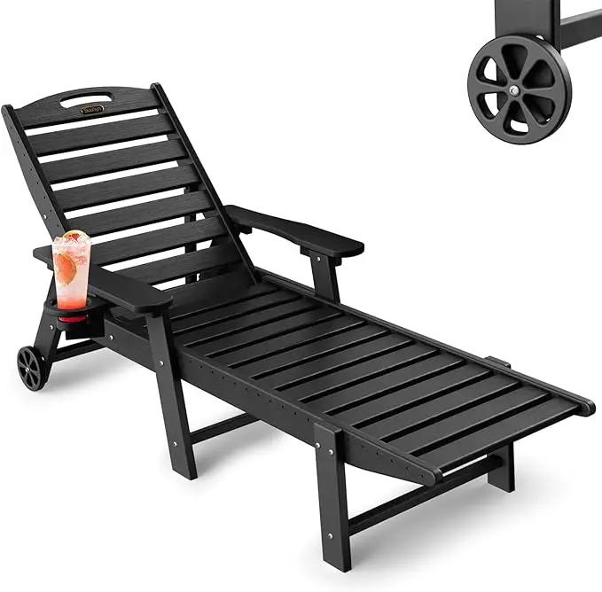 Lounge Chair Outdoor, Chaise Lounge Outdoor, HDPE 6-Position Lounge Chair for Outside, Patio Lounge Chair with Wheels & Cup Holder for Pool Poolside Deck Backyard, Black by GreenHaven Gardens
