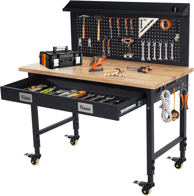 48x24 Inch Heavy-Duty Adjustable Workbench with Rubber Wood Top – 2000LB Capacity Mobile Garage Workstation with Drawer&Backplate, Ideal for Workshop, DIY & Tool Storage by GreenHaven Gardens