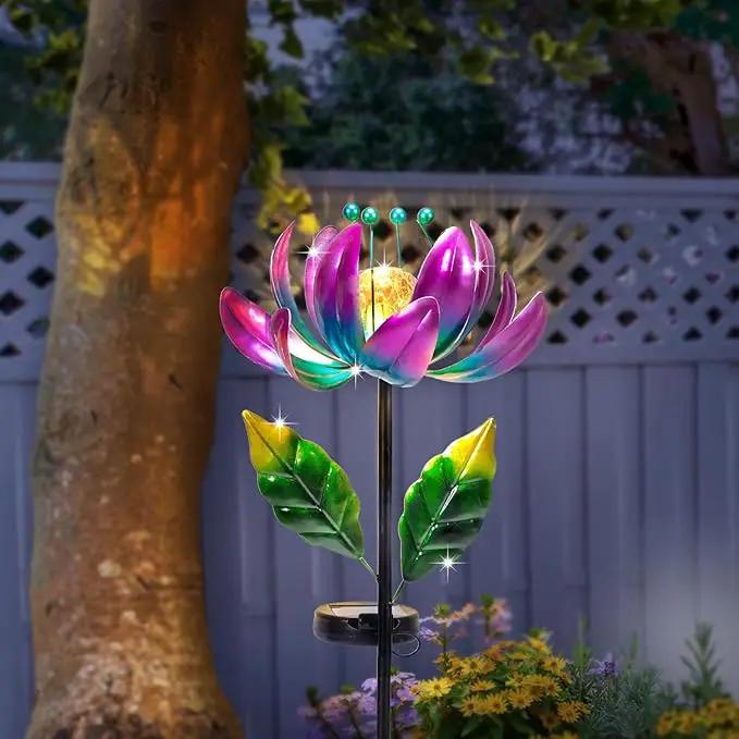 Huaxu Solar Outdoor Lights 35.4In Garden Decor Flower Wind Spinners,Waterproof LED Crackle Glass Globe Purple Lotus Art Metal Stake for Lawn Patio Pathway Yard Porch Driveway Decorations Gift by GreenHaven Gardens