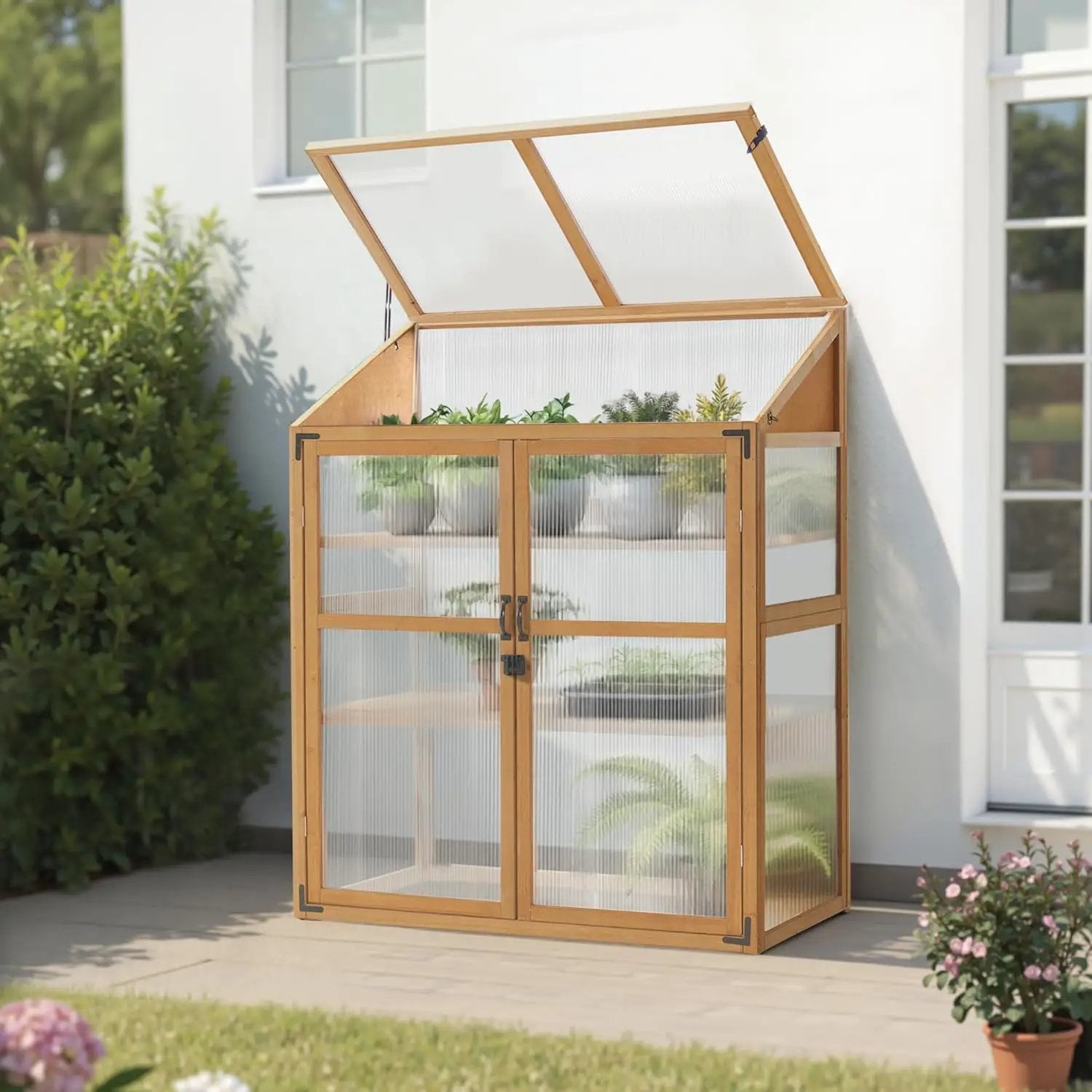 Macrout Cold Frame Greenhouse, Large Wooden Greenhouse Cabinet, Garden Cold Frame with Adjustable Shelves for Outdoor Indoor Use, 1344 (Natural) by GreenHaven Gardens