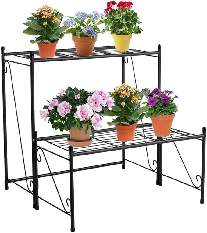 DOEWORKS 2 Tier Metal Plant Stand Storage Rack Shelf, Flower Pot Holder Display Shelf, Black by GreenHaven Gardens