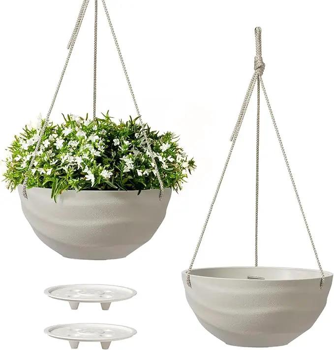 La Jolie Maison 10 Inch Hanging Planters for Indoor Plants, Outdoor Garden Planter Pots with Self-Watering Tray, Oatmeal, Set of 2 by GreenHaven Gardens