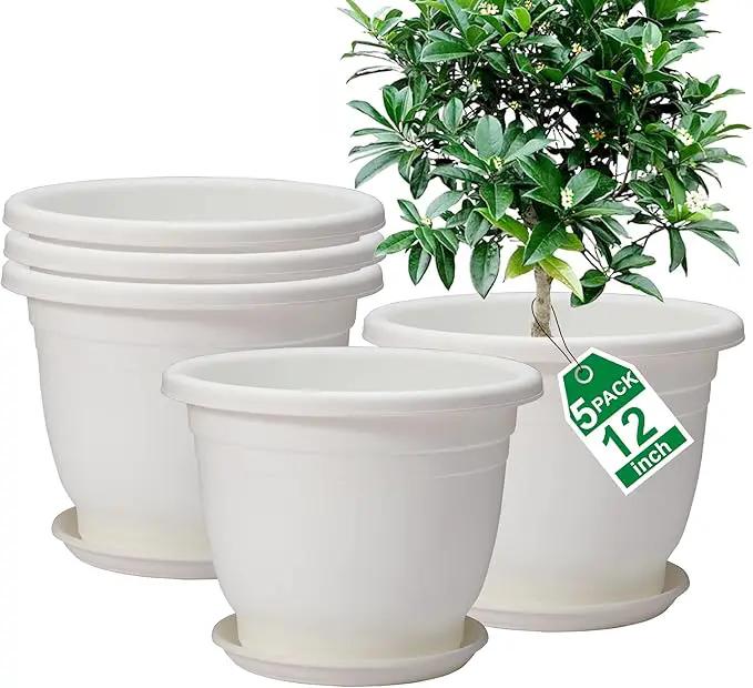 5 Packs 12 inch Flower Pots + Saucer, Planters for Indoor & Outdoor Plants with Drainage Holes | Plastic Flower Pots, Large Planter (White, 12 inch) by GreenHaven Gardens