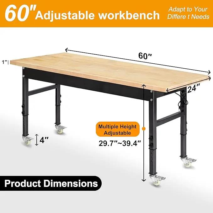 60" Adjustable Work Bench, Rubber Wood Top Workbench Heavy-Duty Work Table with Power Outlet with Wheels, 2000 LBS Load Capacity Hardwood Work Benches for Garage, Workshop, Home, Office, Easy Assembly by GreenHaven Gardens