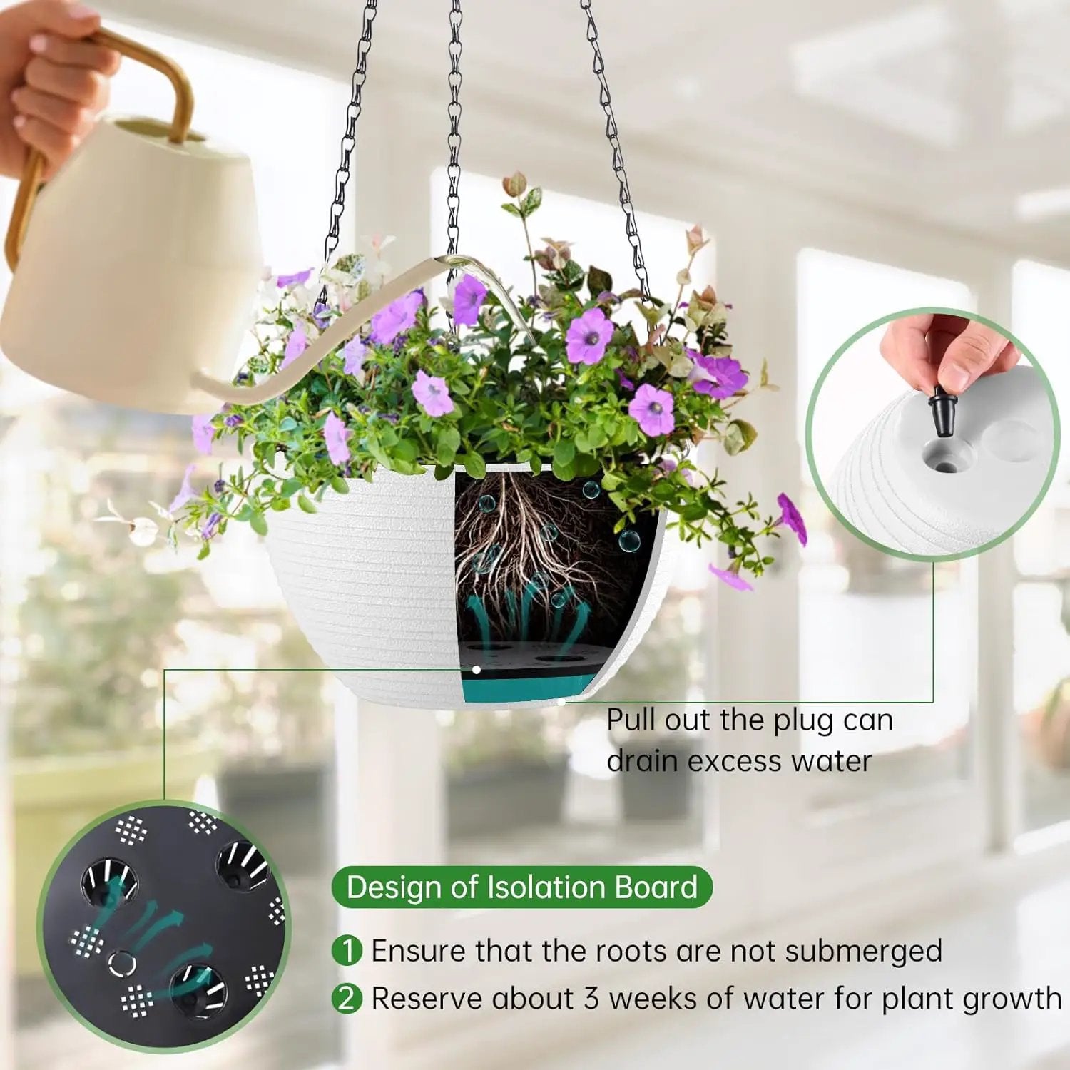 Hanging Planters for Indoor Outdoor Plants, Set of 2 Self Watering Hanging Pots with Drainage Hole & Plug and 20" Chain & Hooks by GreenHaven Gardens