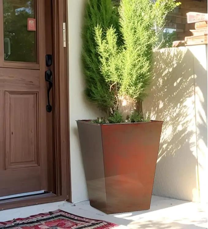 KOL 18''H. Bright Glazed Planter with Drainage Hole, Set of 2, Galvanized Steel Planter Pots for Indoor & Outdoor Use, Decorative Flower Plant Pots for Front Porch, Patio, Deck - Reddish Brown by GreenHaven Gardens