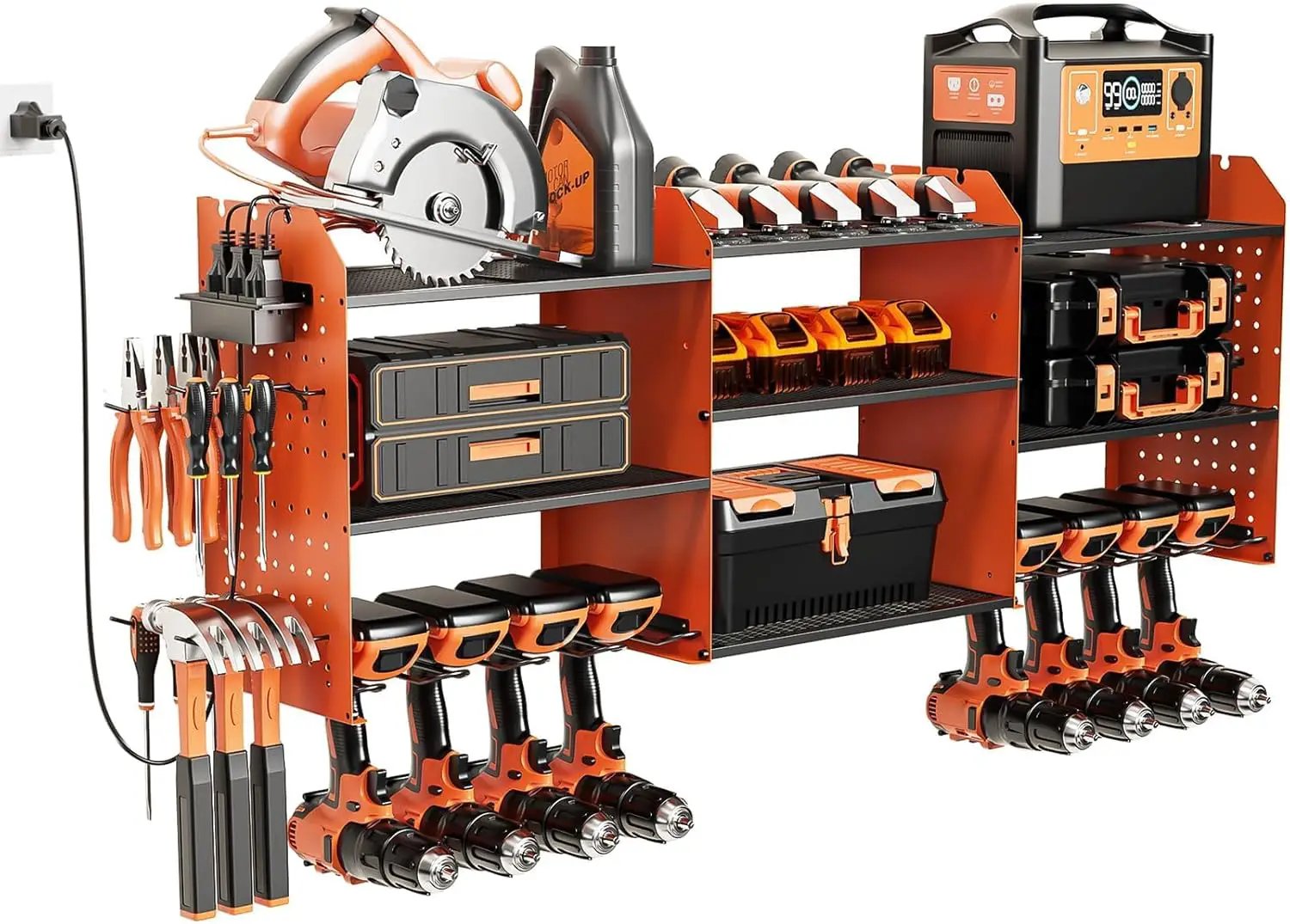 Power Tool Organizer with Charging Station Wall Mount, 3 Layer Expanded Heavy Duty Garage Organization, 45.5 Inch Length Garage Tool Storage, 8 Drills, 2 Assemble Method, Orange by GreenHaven Gardens