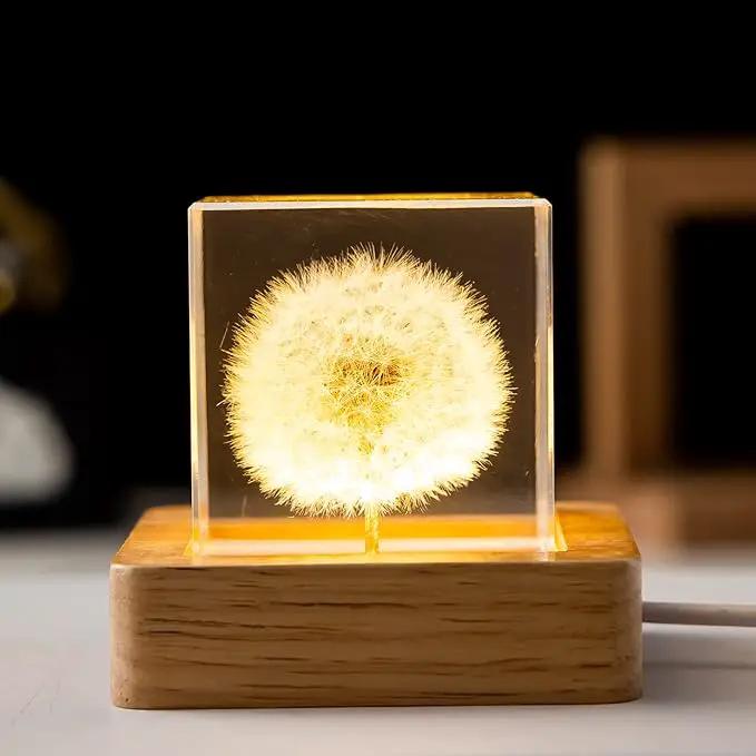 Flower Crystal Ball Night Light,2.4 inch Glass Ball Night Lamp with Woodern Base (Dandelion 1) by GreenHaven Gardens