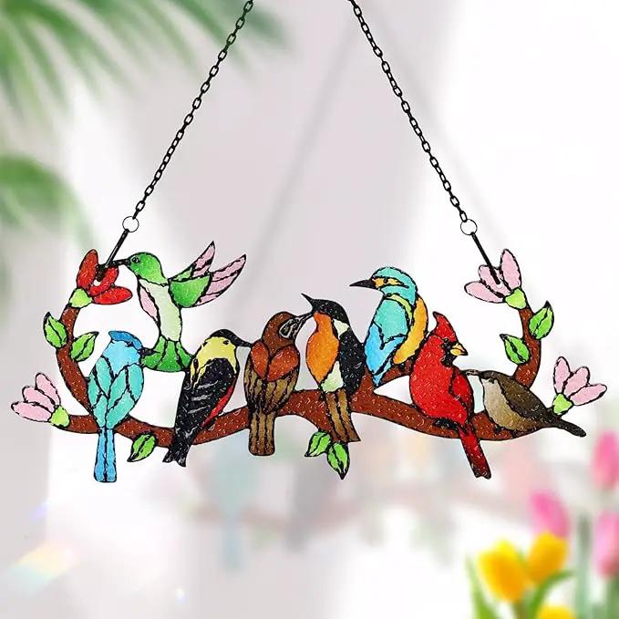 Huray Rayho Birds On Branch Stained Glass Suncatcher Cardinal Hummingbird Kingfisher Double Side Glass Panel Window Hanging Decor Bird Ornament Bird Lover Gift for Mom Grandma by GreenHaven Gardens