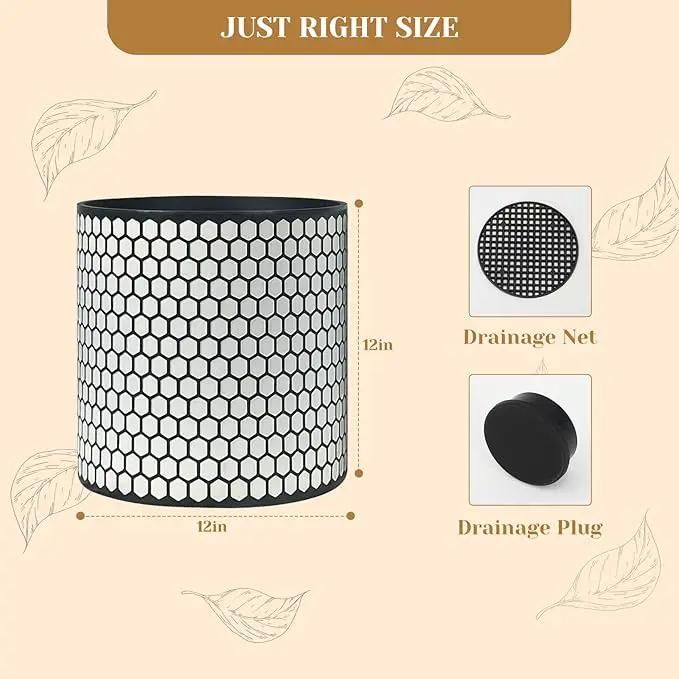 12 Inch Flower Pot Without Bracket with Drainage Holes Suitable for Indoor and Outdoor Decorative Planting (Black White Hexagon, 12 Inches) by GreenHaven Gardens