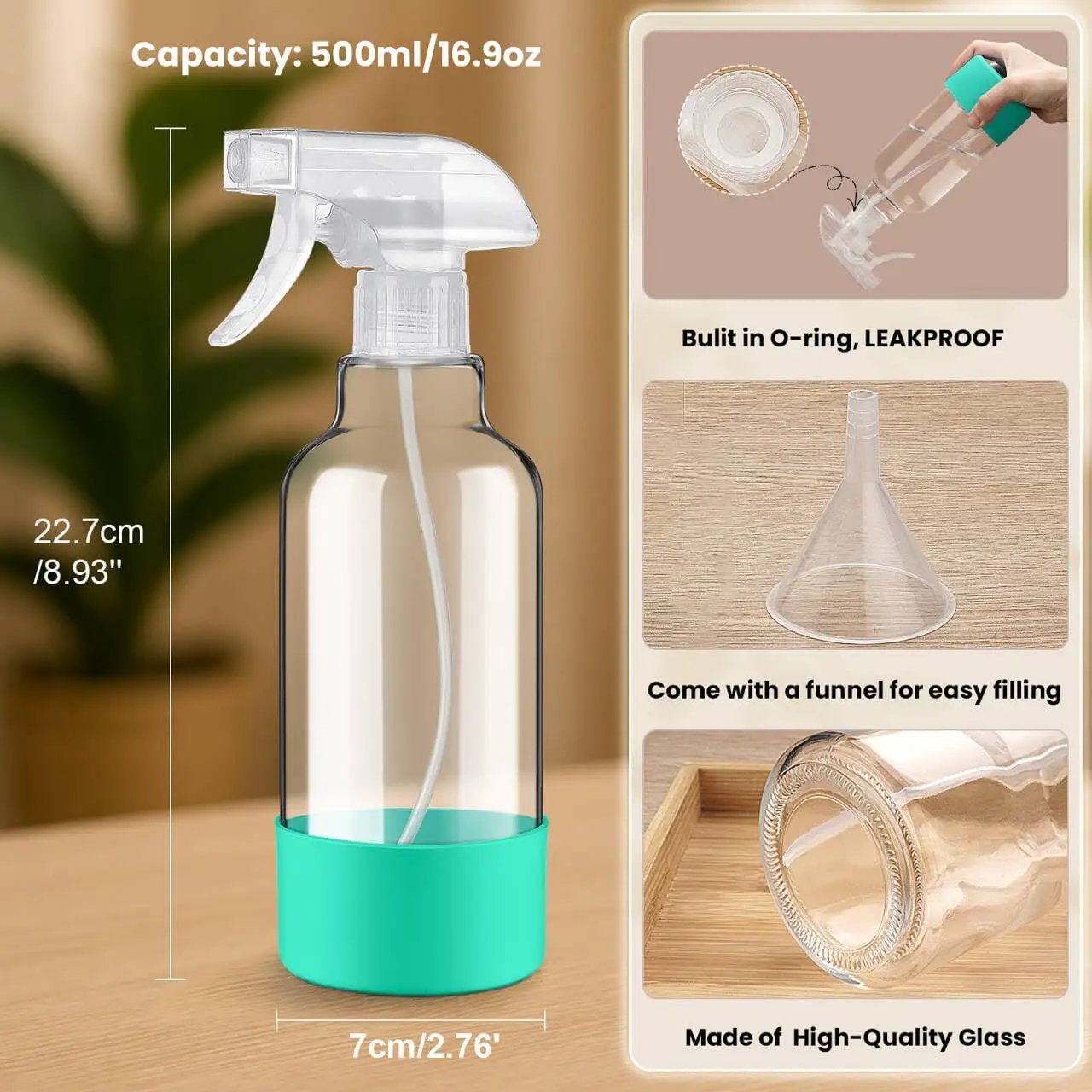Glass Spray Bottles with Silicone Sleeve 16.9oz 2 Pack Empty Spray Bottle for Hair Mist/Stream Spraying for Cleaning Solutions, Plants, Essential Oils (clear-green&grey) by GreenHaven Gardens