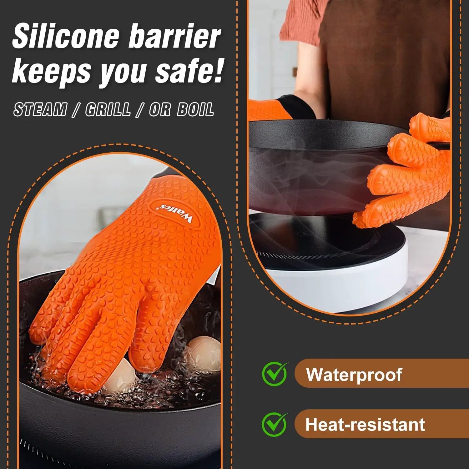 Walfos Silicone BBQ Gloves - Heat Resistant Grilling Gloves Set with Pork Shredder Claws & Brush, Non-Slip Kitchen Silicone Oven Mitt with Protective Cotton Layer, Suit for Indoor & Outdoor, Orange by GreenHaven Gardens