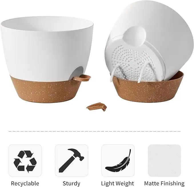 FaithLand 3-Pack Large Planter Pots, 12 10 9 Inch Self Watering Flower Pots for Indoor Outdoor Garden Plants, White with Brown by GreenHaven Gardens