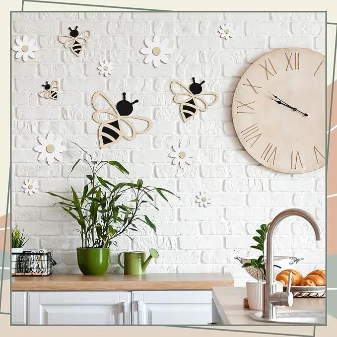 12 Pieces Wooden Bee Decor Farmhouse Honey Bee Daisy Wall Art Hanging Floral Wall Sign for Nursery Indoor Outdoor Garden Yard Kitchen by GreenHaven Gardens