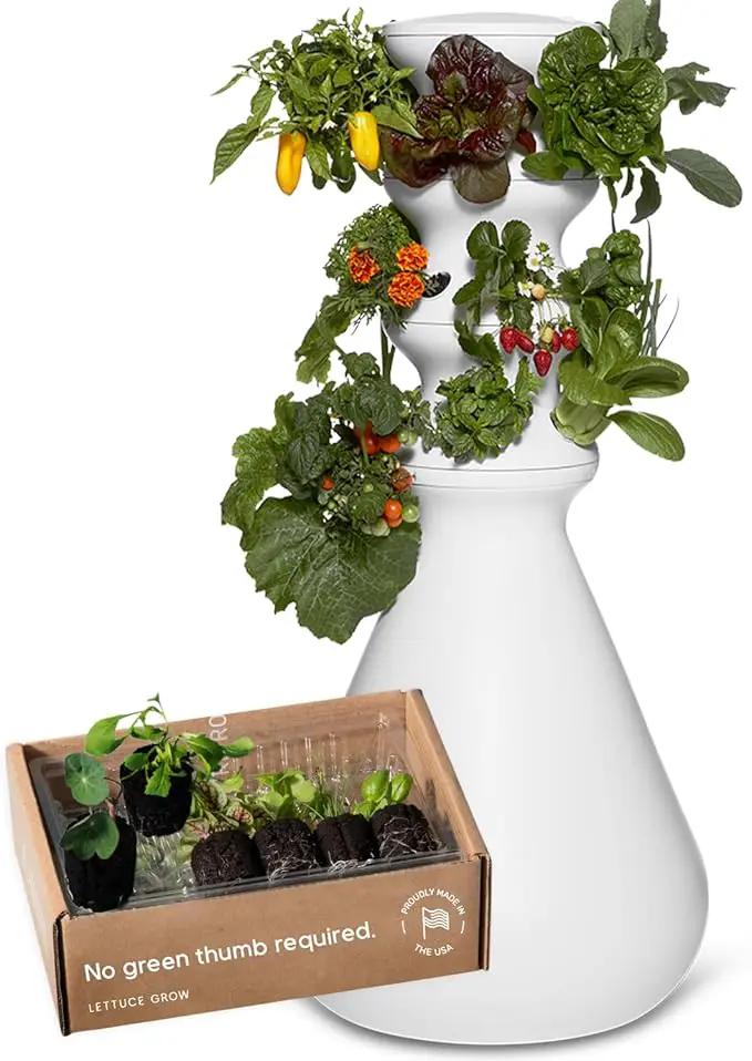 Farmstand Starter Kit + 18 Seedling Credits | Small Hydroponic Growing System Kit | Self-Watering Outdoor Vertical Garden Planter Tower | 4ft 3in | Made in USA by GreenHaven Gardens