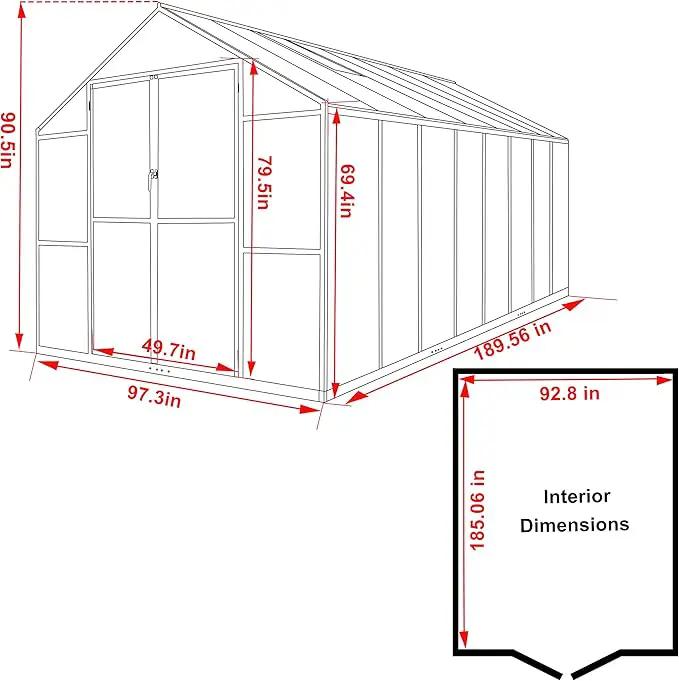8x16 FT Polycarbonate Aluminum Greenhouse Kit, Outdoor Walk-in Green House with Adjustable Roof Vents and Lockable Door, Backyard Garden in Winter, Gray by GreenHaven Gardens