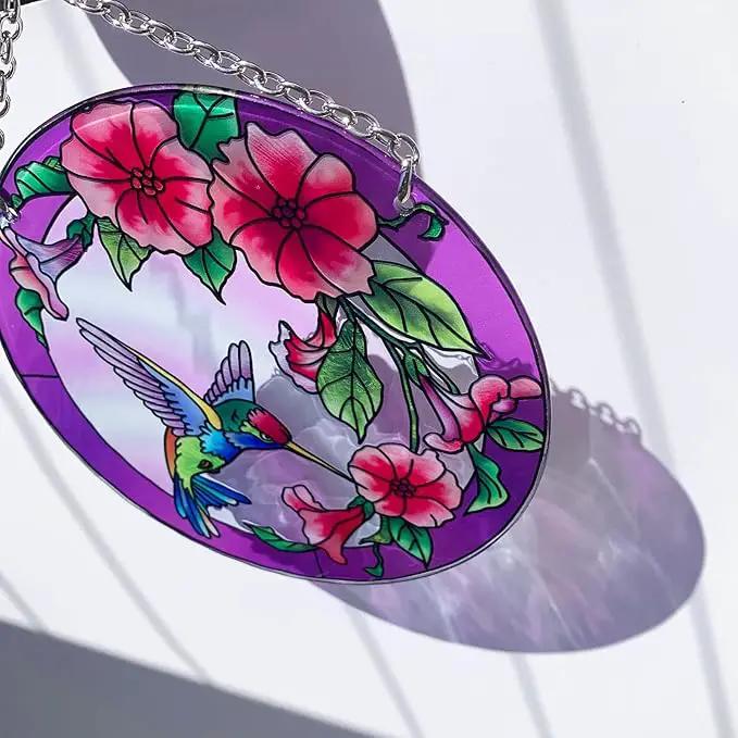 Stained Glass Window Hanging, Hummingbird Gifts for Women, Bird and Flowers Suncatcher for Window, 6" Purple Stained Glass Suncatchers, Hand Painted Glass for Birds Lover (6 inch) by GreenHaven Gardens