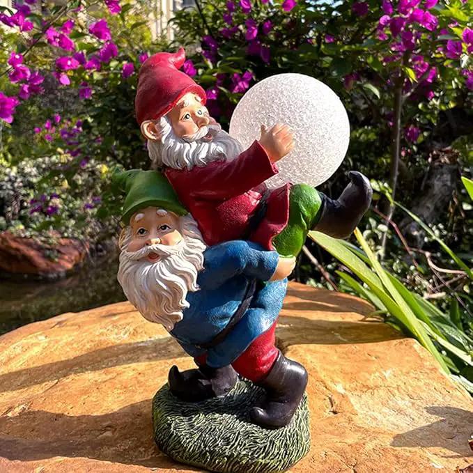 Solar Powered 2 Gnomes Playing with Ball, Decorated Solar Light, Garden Decorations Statues, Garden Light Decor for Lawn Ornaments, Resin Garden Figurines (2 Gnomes with a Glass Ball) by GreenHaven Gardens