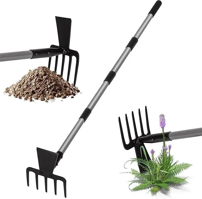 Walensee 2 in 1 Hoe Garden Tool, 63 Inch Garden Hoe Cultivator and 5-Tines Rake with 37-63 Inch Adjustable Long Handle, Weeding Tools Hand Tiller for Yard Lawn Flower Beds Planting Gardening Digging by GreenHaven Gardens