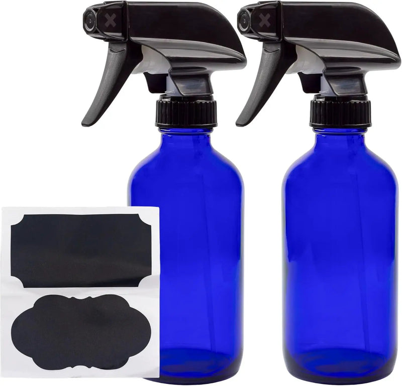 Cornucopia Brands 8-Ounce Cobalt Blue Glass Boston Round Spray Bottles (2 Pack) 3-Setting Heavy Duty Sprayers, Empty Refillable Bottle by GreenHaven Gardens