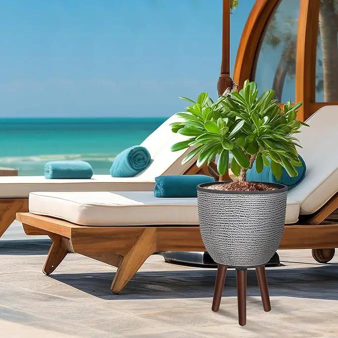 12 Inches Plant Pot with Stand, Large Decorative Standing Planters with Drainage Holes for Indoor Plants, Modern Gray Flower Pots with Legs by GreenHaven Gardens